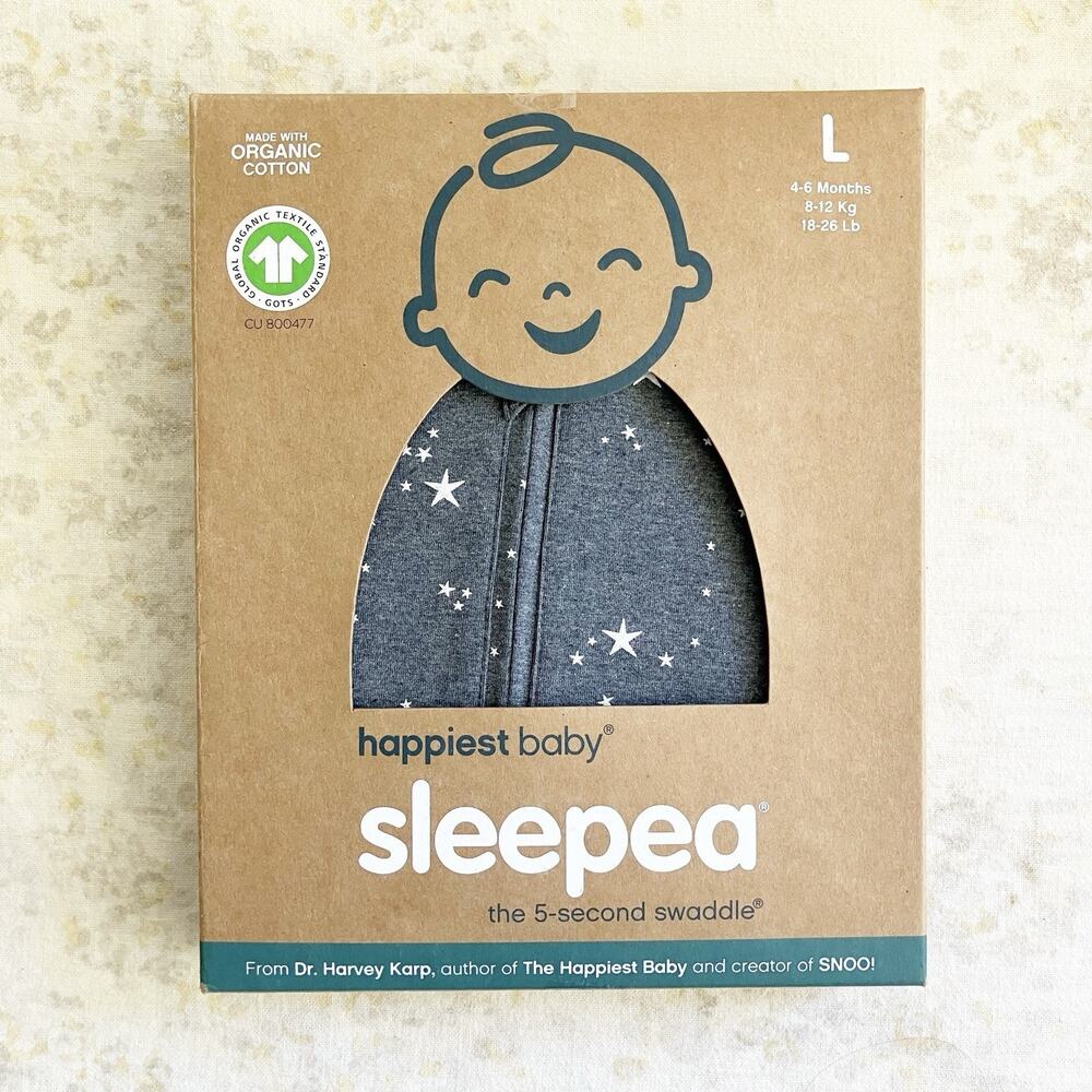 NIB Happiest Baby Size L 4-6M 18-26 lb Sleepea 5 Second Swaddle Charcoal Stars